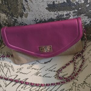Apt. 9 Berry Turn Lock Pink & Tan Woven Crossbody Clutch Purse EUC